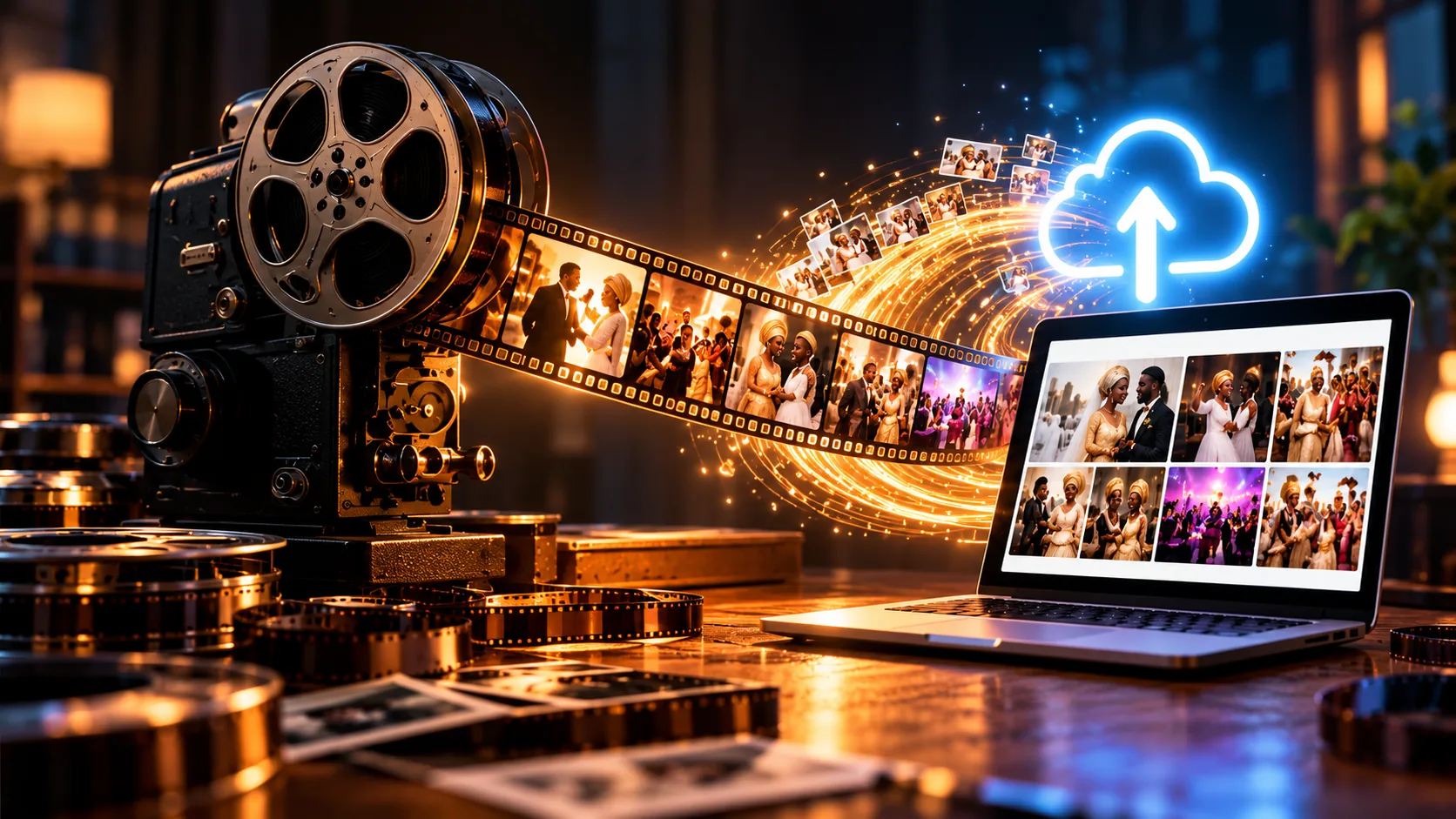 Vintage film camera transferring photographs to a digital gallery on a laptop